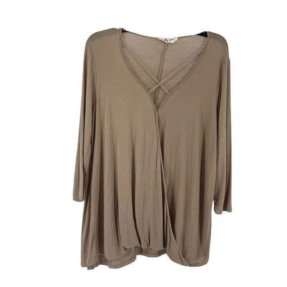 Molly Green Top Brown Criss Cross V Neck Draped 3/4 Sleeve Jersey Stretch Knit L - Picture 1 of 8